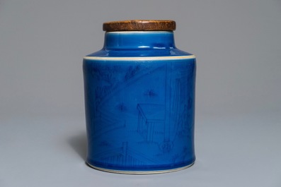 A Chinese monochrome blue tea caddy with underglaze design, Kangxi