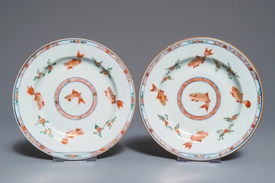 Three Chinese famille verte plates with carps and floral designs, Kangxi