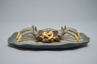 A Chinese Yixing stoneware crab on lotus-shaped dish, 20th C.