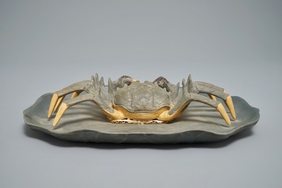 A Chinese Yixing stoneware crab on lotus-shaped dish, 20th C.