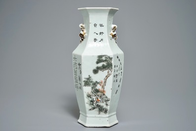 A Chinese hexagonal qianjiang cai vase with landscape design, 19/20th C.