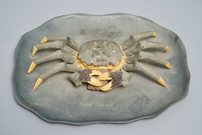 A Chinese Yixing stoneware crab on lotus-shaped dish, 20th C.