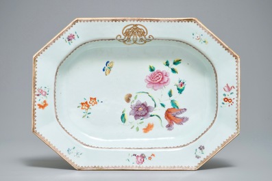 A Chinese monogrammed famille rose tureen and cover on stand, Qianlong