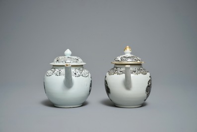 Two Chinese armorial grisaille and gilt teapots, Qianlong