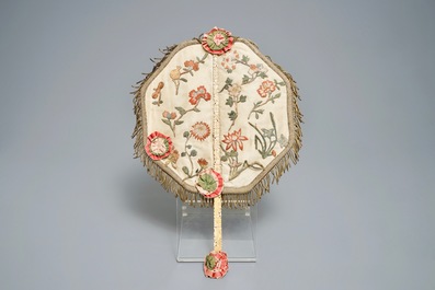 Two Chinese ivory-handled fans with embroidered silk and painted paper, Canton, 19th C.