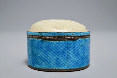 A Chinese enamelled silver and jade-topped box, 19/20th C.