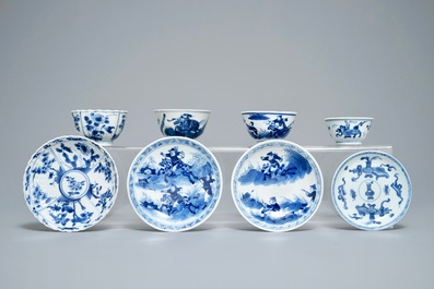 Two Chinese famille verte and Imari-style plates and four cups and saucers, Kangxi and later