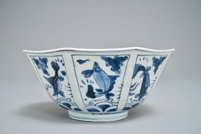 A Chinese blue and white octagonal bowl with various fish, Wanli