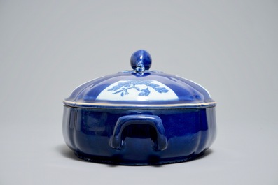 A Chinese powder blue tureen and cover on stand, 19th C.