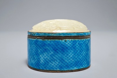 A Chinese enamelled silver and jade-topped box, 19/20th C.