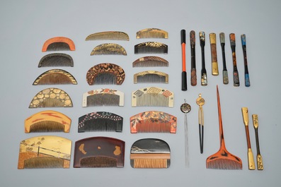 A collection of 42 Japanese ivory and lacquer Kushi combs and 18 Kougai hair pins, Meiji, 19th C.