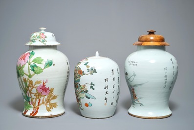 Three Chinese famille rose and qianjiang cai vases, 19/20th C.