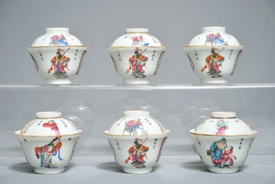 Six bols couverts avec soucoupes en porcelaine de Chine famille rose, marque de Xianfeng, 19&egrave;me