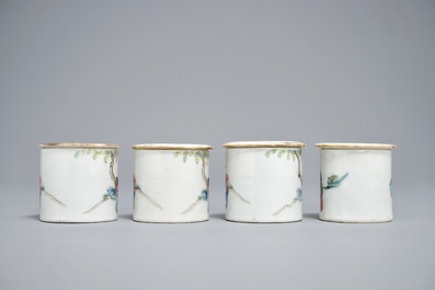 Four cylindrical Chinese famille rose covered boxes, 19th C.