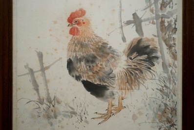 Yan Bolong (1898 -1954), Un coq dans un jardin fleuri, aquarelle sur papier