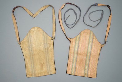 A pair of Chinese embroidered baby carriers, Miao minority, Southern China, early 20th C.