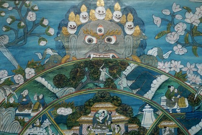 Een thangka met voorstelling de Bhavacakra, Tibet, 19/20e eeuw