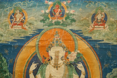 Een thangka met de vierarmige Avalokiteshvara, Tibet, 18/19e eeuw