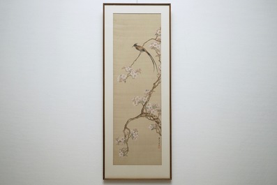 Chinese school, 20th C., A bird on a blossoming branch, watercolour on silk