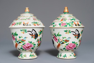 A pair of Chinese Canton famille rose covered bowls, 19th C.