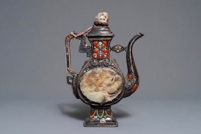 A silver-plated coral, jade and turquoise inlaid ewer and cover, Tibet or Mongolia, 19/20th C.