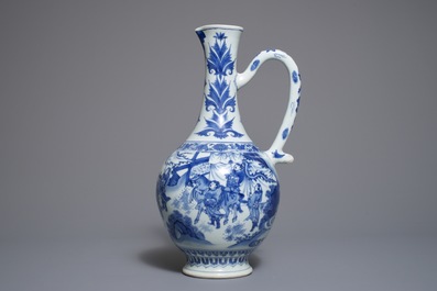 A Chinese blue and white jug with figurative design around, Transitional period