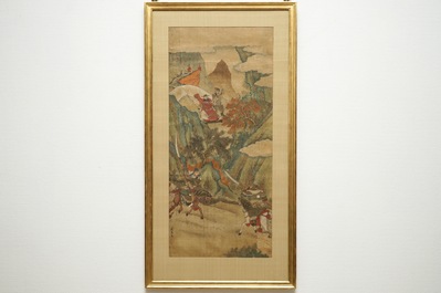 A Chinese watercolour on textile of a battle scene in a mountainous setting, 19th C.