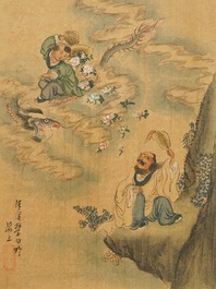 Five Chinese paintings on textile, 19/20th C.