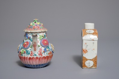 A Chinese famille rose teapot, a tea caddy and a millefleurs bowl on stand, Yongzheng and later