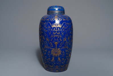 A large Chinese gilt-decorated blue-ground jar and cover, 19th C.