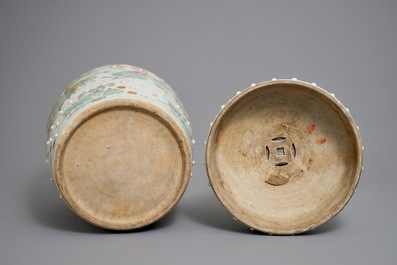 A Chinese qianjiang cai garden seat with antiquities design, 19/20th C.