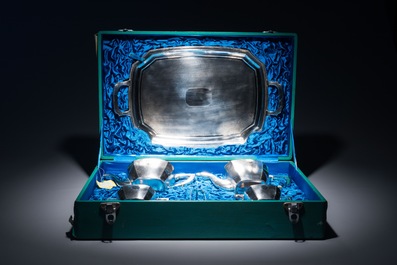 A Chinese silver art deco tea service on tray, Republic, 1st half 20th C.