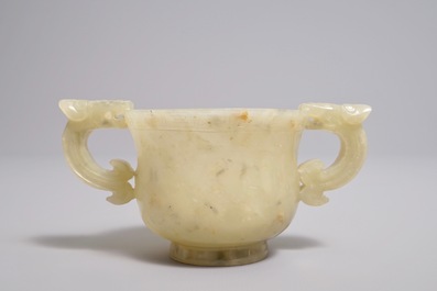 A Chinese jade dragon handle cup, 19th C.