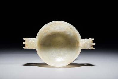 A Chinese mottled jade two-handled cup, Qing