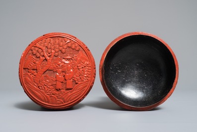 Three round Chinese cinnabar lacquer covered boxes with figures in landscapes, 19/20th C.