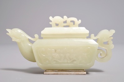 A Chinese silver-mounted jade 'dragon and phoenix' teapot, 19th C