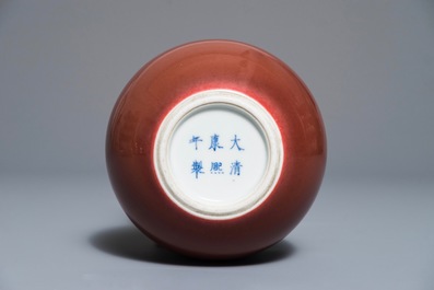 A Chinese monochrome liver-red brush washer, Kangxi mark, 19/20th C.