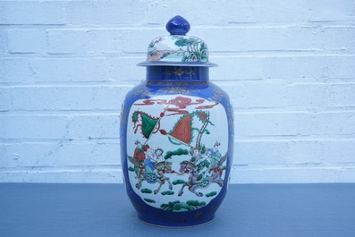 A Chinese famille verte on powder blue ground vase and cover, 19th C.