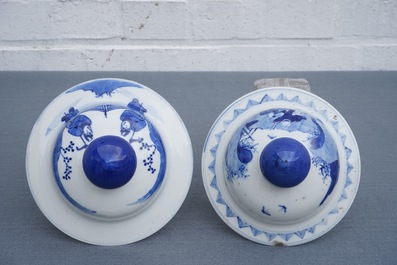 Two Chinese blue and white vases and covers with figures, 19th C.