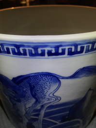 A Chinese blue and white cylindrical brush pot or bitong with mythical beasts, Kangxi