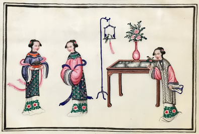 A Chinese carved wood wall display, two rice paper painting albums and a portrait, 19/20th C.