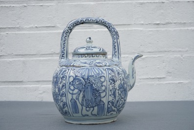 A Chinese blue and white kraak porcelain wine jug and cover with precious objects and flowers, Wanli