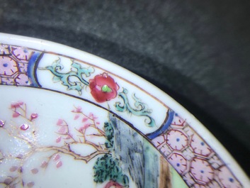 A Chinese famille rose cup and saucer depicting Lie Ti Guai with three goats, Yongzheng