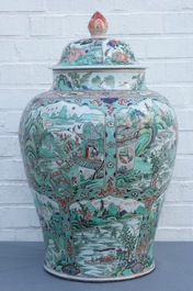 A large Chinese famille verte vase and cover with figures in fluvial landscapes, Kangxi