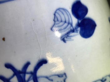 A pair of Chinese blue and white vases with ladies at a table, 19th C.