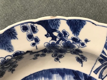 A pair of Chinese blue and white deep plates with Long Eliza and a boy, Kangxi