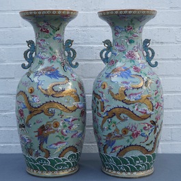 A pair of Chinese famille rose celadon-ground dragon vases, 19th C.