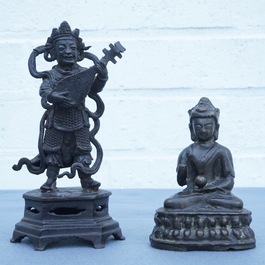 Two Chinese and Sino-Tibetan bronze figures of Buddha and of a musician, 17/18th C.