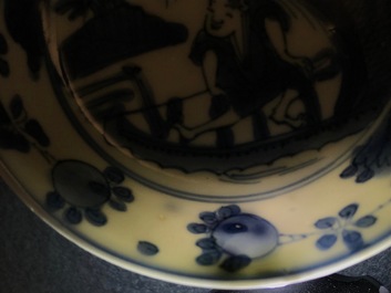 A small Chinese blue and white footed saucer dish, Chenghua mark, Wanli