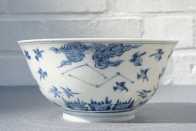 A Chinese blue and white bowl with birds among foliage, Kangxi mark and of the period